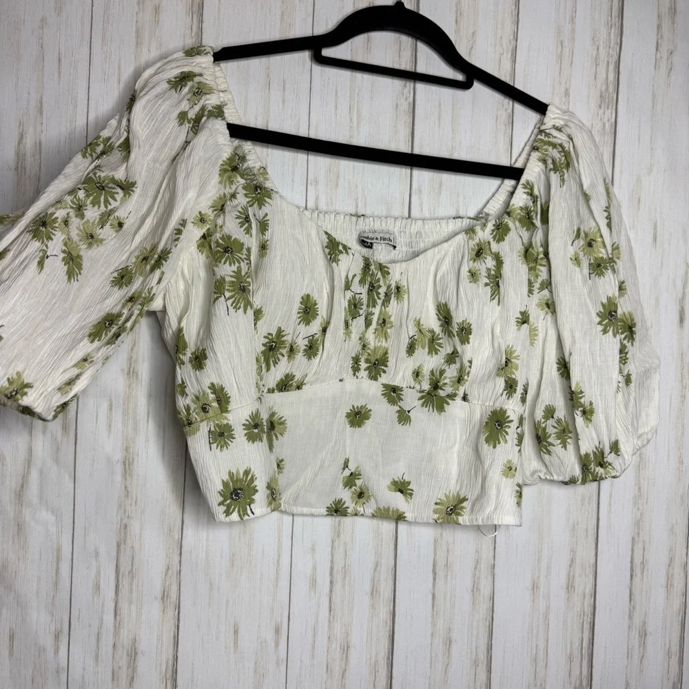 Abercrombie & Fitch Cream Floral Puff-Sleeve Crop Top XL